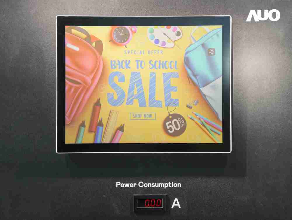 汇旺支付展示胆固醇液晶超低耗能户外全彩显示器，，ChLC（胆固醇液晶）以双稳态技术使静态显示零功耗，，，具省电、、、、高彩度、、环保的特性，，还整合软硬件系统解决方案，，，，可透过单一云端平台管理